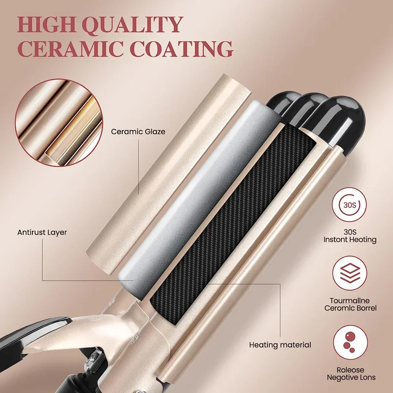 Curling Iron Wand With Lcd Temperature Display 1 Inch Ceramic Tourmaline Triple Barrels Coating Hair Curler 240423