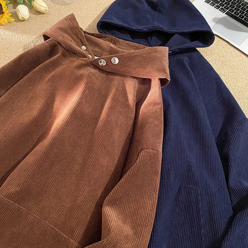 Classic Mens Hooded Sweatshirt Casual Comfortable Corduroy Hoodie Spring and Autumn Solid Color Unisex Pullover 240430