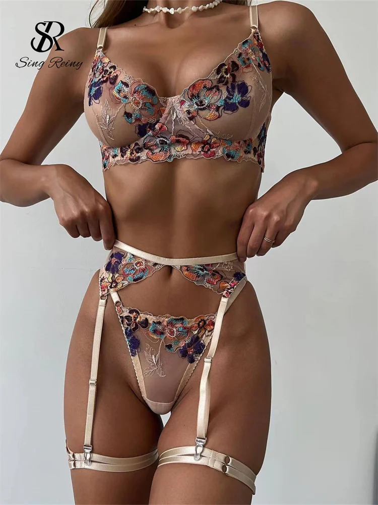 Singrainy floral embroidery sexy 4-piece set for womens tight fitting clothing transparent strapless club sex lingerie set 240425