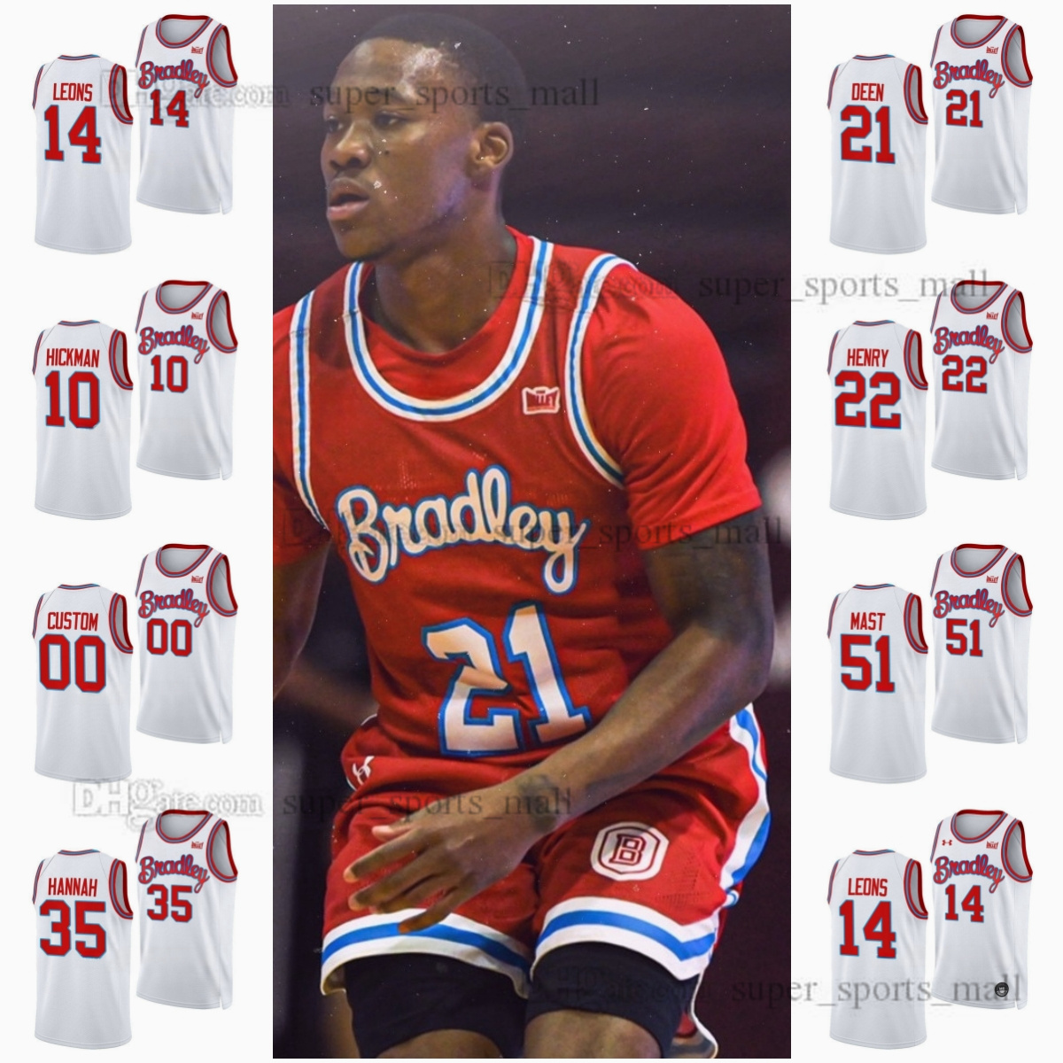 NCAA Custom Mens Bradley Braves Jerseys Deen Hickman Hannah Henry Mast Leons