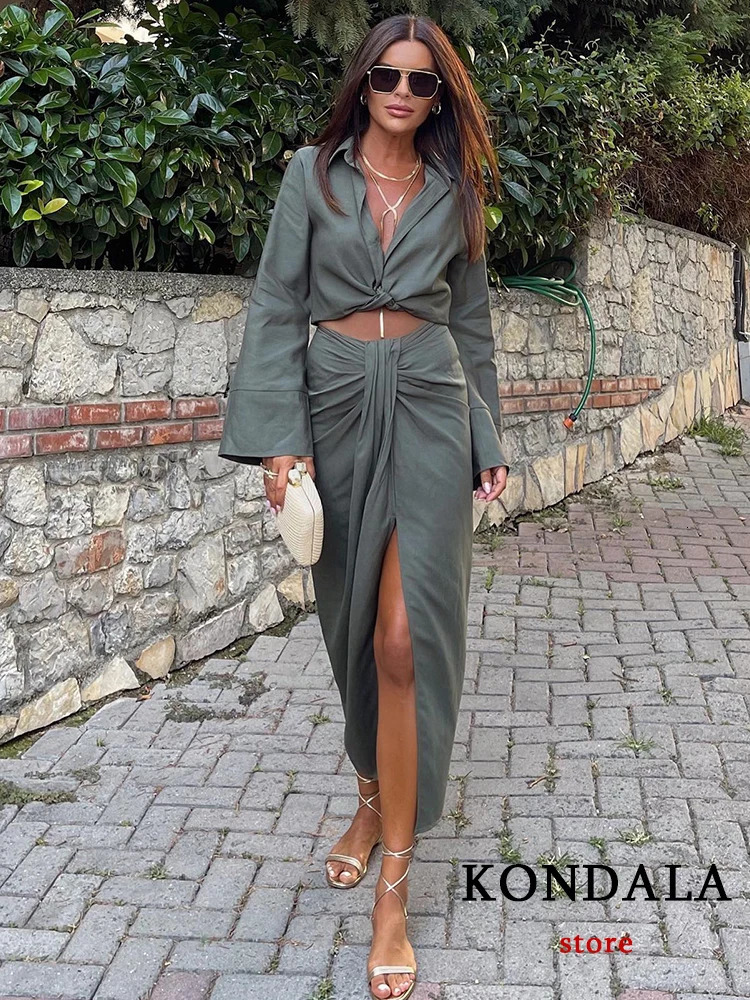 KONDALA Vintage Office Lady Solid Women Suits Long Sleeve Bow Shirts TopsSide Split Pleated Skirts Fashion Casual Sets 240423