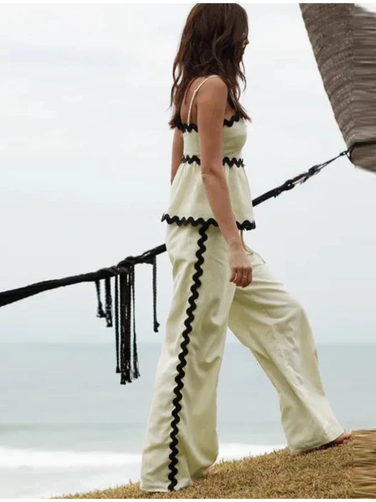 Ruffle Sling Top Two Piece Set Women Elegant Stripe Sleeveless Wide Leg Pants Female Suit Summer High Waist Lady Suits 240423