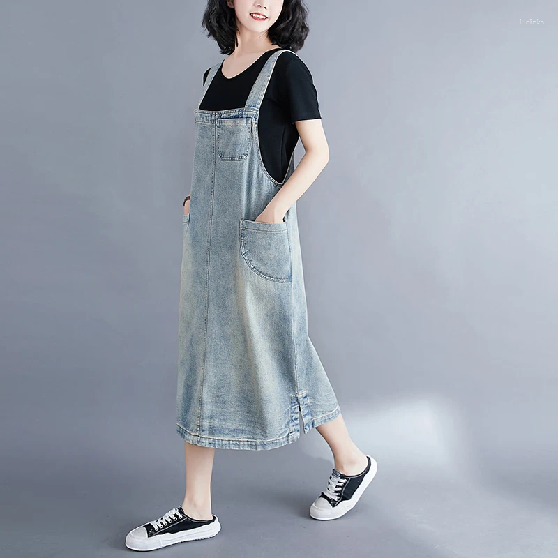 Casual Dresses Loose Straight Straps Denim For Women Streetwear Big Size Mom Long Dress Vintage Washed Jeans Vestidos Mujer