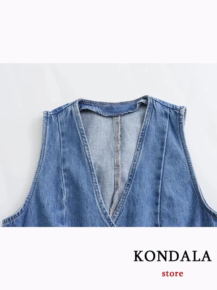 KONDALA Casual Vintage Solid Denim Women Suit Single Breasted Sleeveless Vest Long Straight Split Skirt Fashion Summer Sets 240423