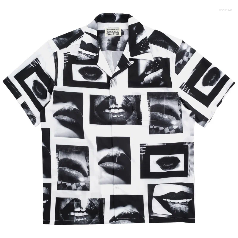 Men's Casual Shirts Black White WACKO MARIA Lip Pattern Hawaii Beach 1:1 Good Quality Fashion Men Woman Versatile Short Sleeve