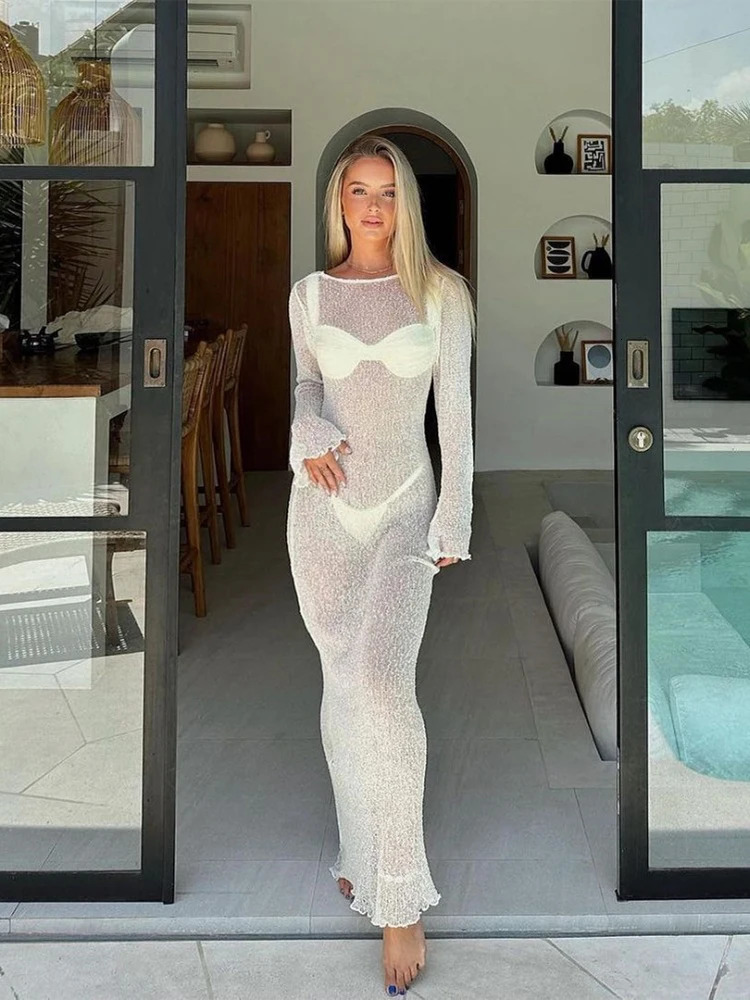 Beach Cover Up Womens Beachwear Tulle See-through Beach Dress Summer Swim Ladies Swimsuit Cover Up White Bikini Cover Up 240429