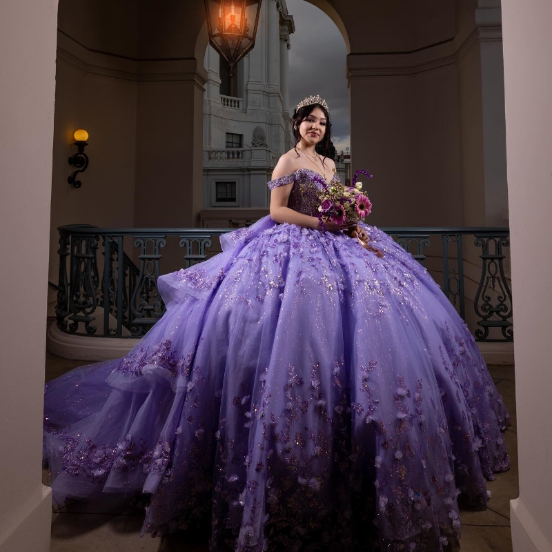 Lavender Shiny Off The Shoulder Quinceanera Dress Princess Prom Gown Appliques Lace Beads Tull Sweet 16 Dress Vestidos De 15 Anos