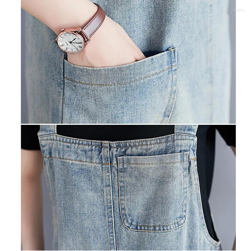 Casual Dresses Loose Straight Straps Denim For Women Streetwear Big Size Mom Long Dress Vintage Washed Jeans Vestidos Mujer