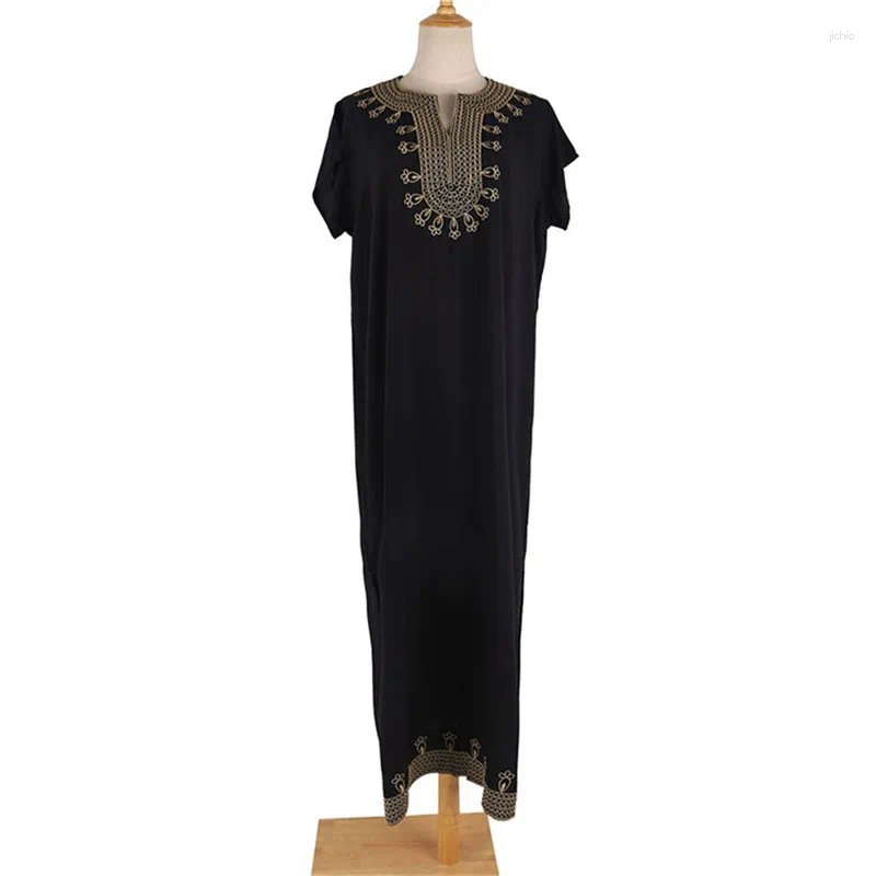 Retro Beach Cover Up V-neck Embroidery Split Maxi Dress Pareo Tunic Kaftan Black Bikini Cover-ups For Holiday