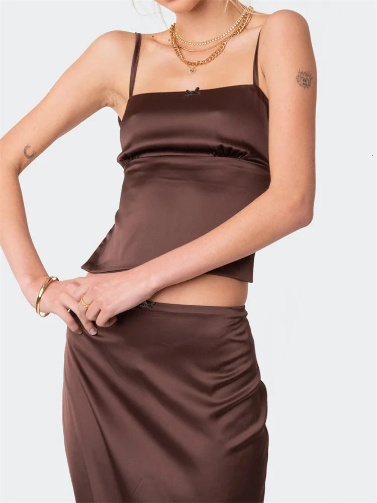 CHRONSTYLE Satin 2 Piece Set Women Suits Retro Sleeveless Strap Backless Tieup Camis Tank Low Waist Back Split Long Skirts 240423