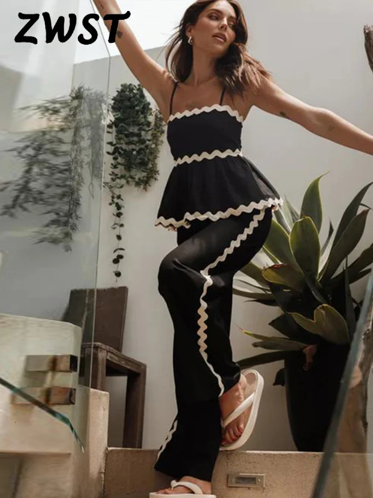 Ruffle Sling Top Two Piece Set Women Elegant Stripe Sleeveless Wide Leg Pants Female Suit Summer High Waist Lady Suits 240423