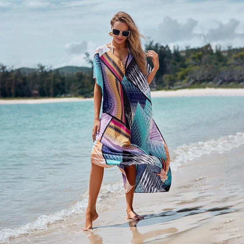 Summer Chiffon Printing Bikini Cover Up Sexy Split Boho Beach Kaftan Tunic Plus Size Maxi Dress Swim Wear