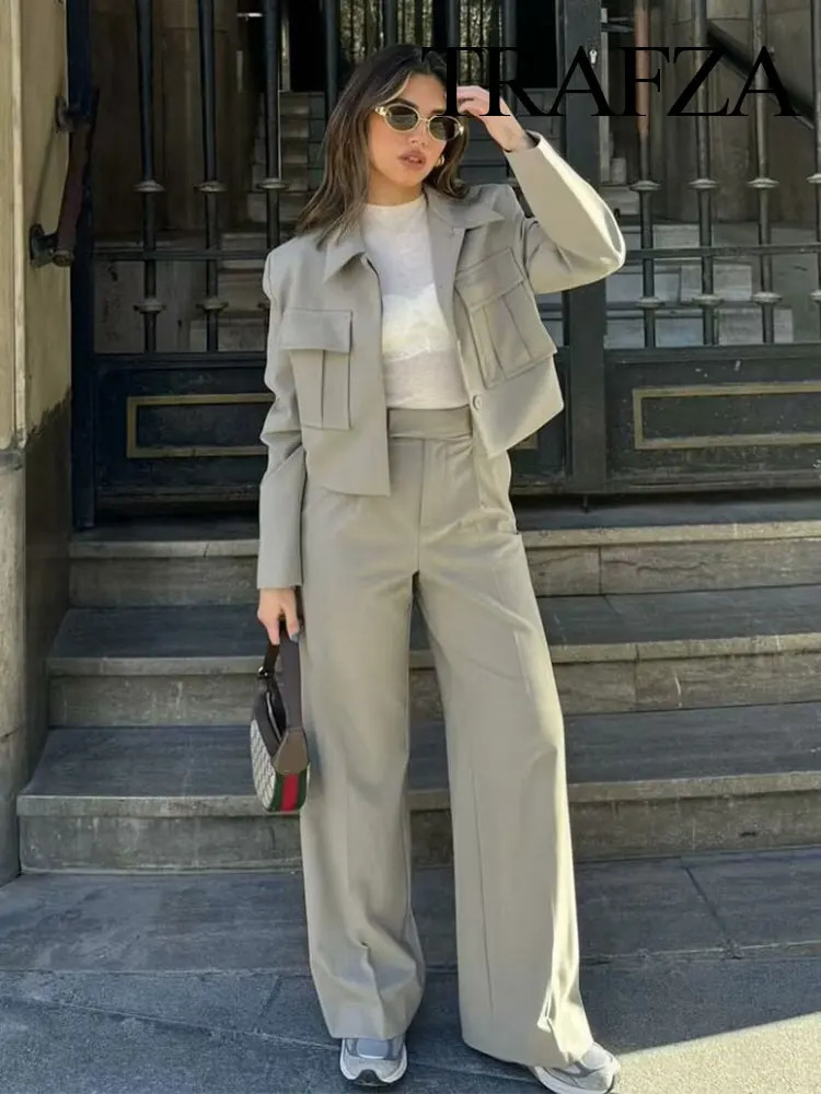 TRAFZA Spring 2 Piece Suits For Women Trend Single Breasted Cardigan Coat Office Lady Vintage Womens Wide Leg Long Pant 240423