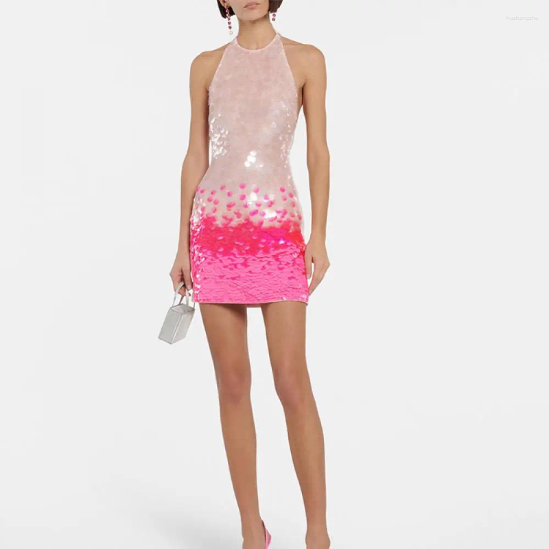 Casual Dresses Club Sexy Open Back Hanging Neck Colored Gradient Pink Sequin Sling Dress Women Slim Mini 2024 Vacation