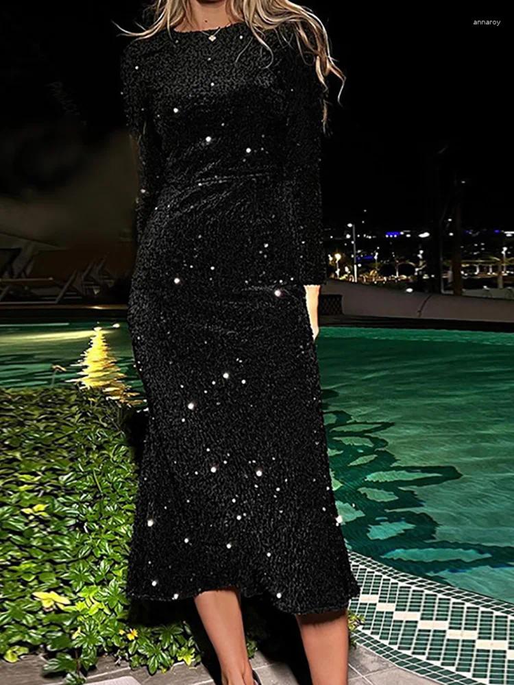 Party Dresses Women Black Full Sequins Sheath Chic Femme Round Neck Dress Casual Long Sleeve Slim Summer Club Vestido
