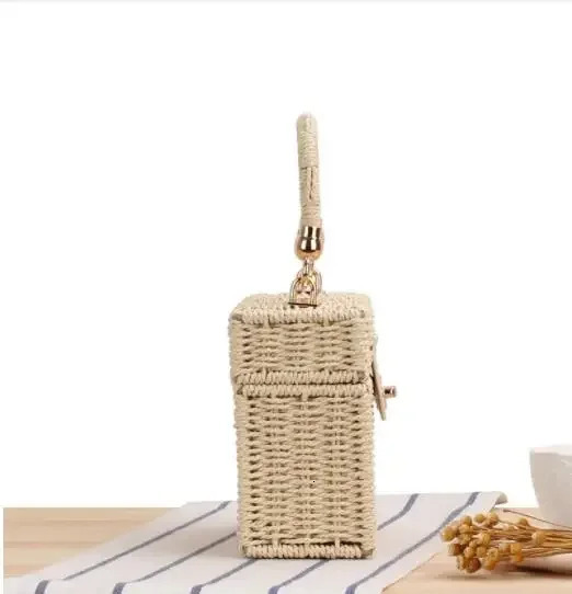 Fashionable square handmade latan womens handbag with paper rope handle durable summer girl beach handbag metal chain cross body 240425