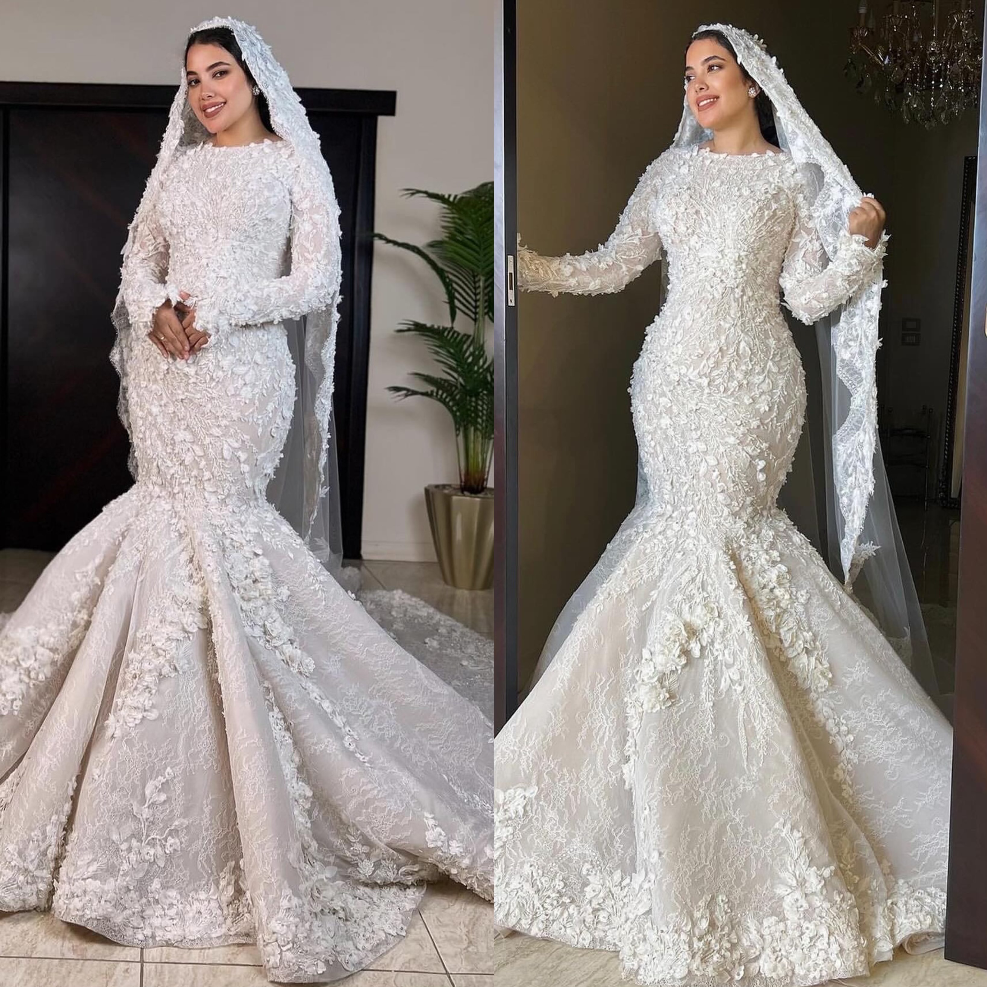 Stunning Mermaid Muslim Wedding Dresses Plus Size Lace Appliqued Bridal Gowns Long Sleeves Jewel Neck Sweep Train Middle East Vestido De Novia 0616