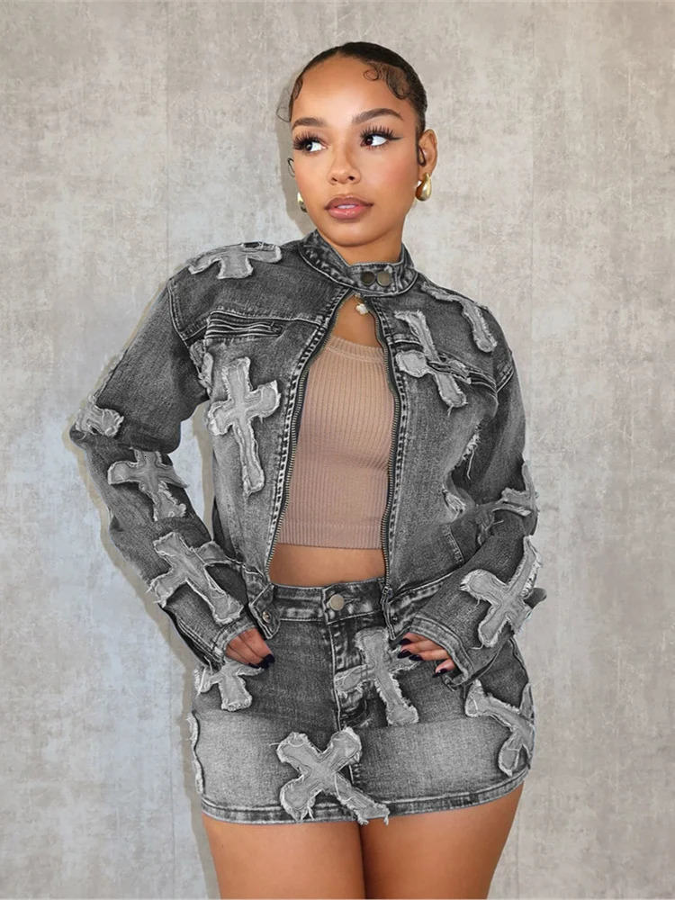 Weird Puss Vintage Women 2piece Set Half High Collar Zip JacketHigh Waist Mini Skirt Hipster Streetwear Denim Embroidery Suits 240423