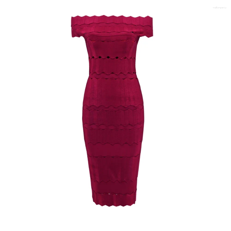 Casual Dresses Arrival High Quality Black Burgundy Sexy Off The Shoulder Midi Wholesale Women Stretch Celebrity Bandage Dress Vestidos
