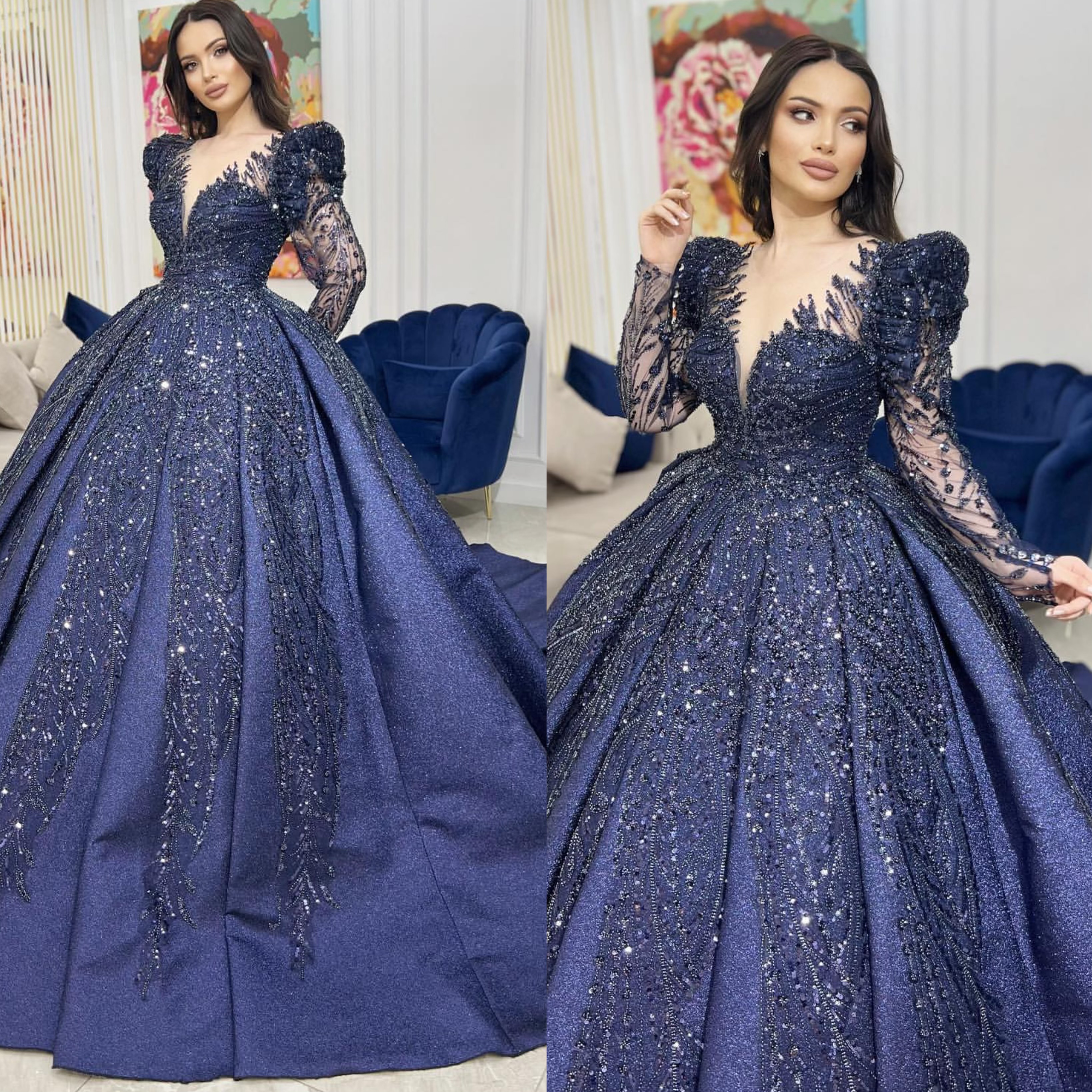 Navy Blue Muslim Evening Dresses Elegant Sheer V Neck Long Sleeves Ball Gown Turkish Kaftan Dress Crystal Beaded Ruffle Formal Gowns For Women Lz0304