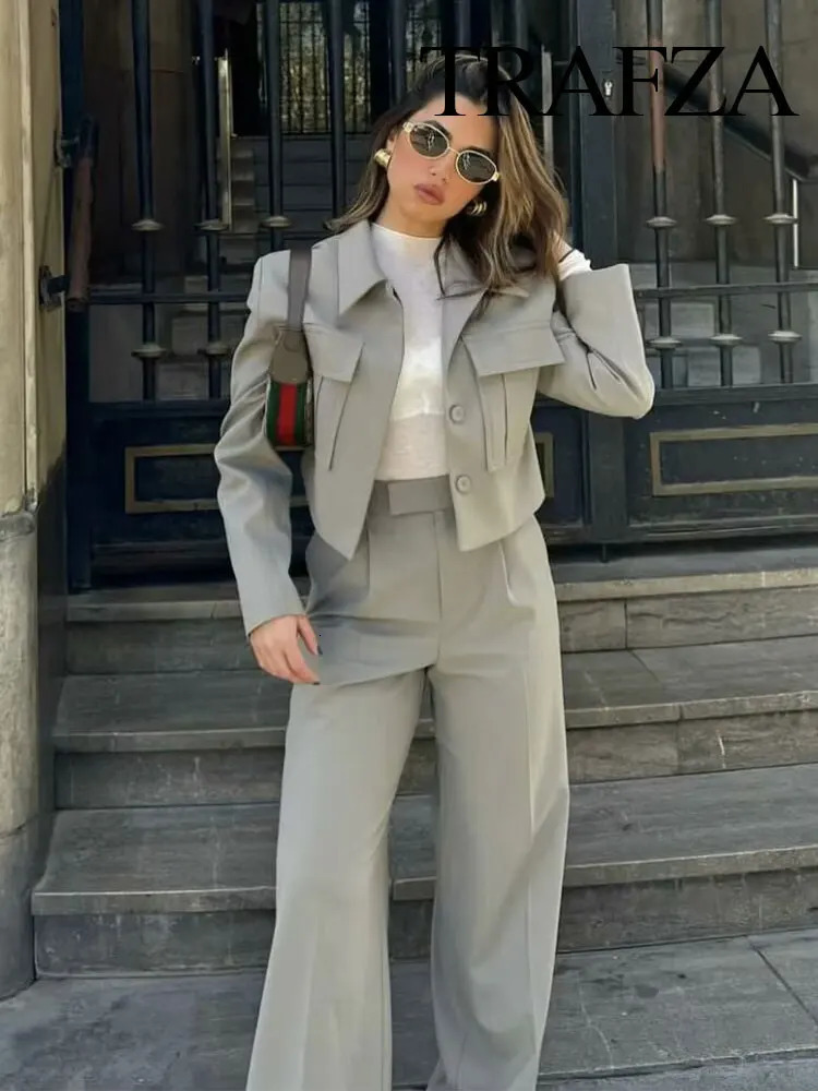 TRAFZA Spring 2 Piece Suits For Women Trend Single Breasted Cardigan Coat Office Lady Vintage Womens Wide Leg Long Pant 240423