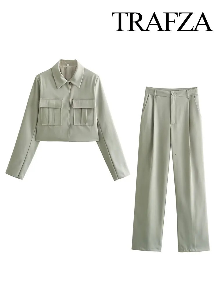 TRAFZA Spring 2 Piece Suits For Women Trend Single Breasted Cardigan Coat Office Lady Vintage Womens Wide Leg Long Pant 240423