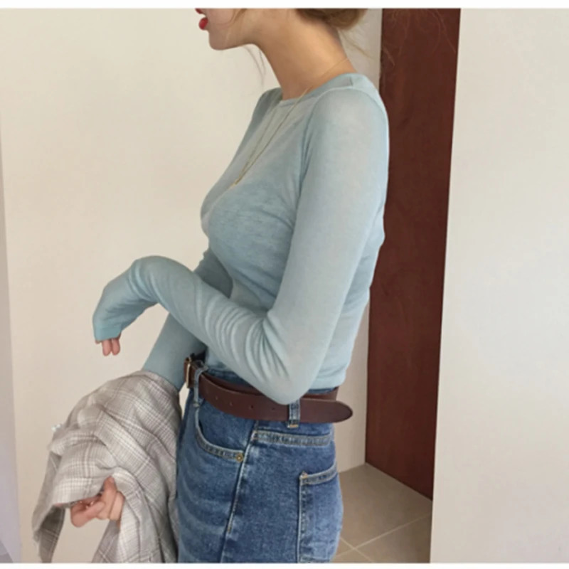 sexy slim high quality plain t shirt women tops spring summer club party see-through Transparent long sleeve tee shirt female 240429