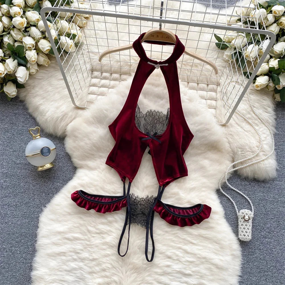 Women Sexy Hollow Skirts Suits Lace Patchwork Turndown Collar Tops Mini Skirt Underpants 3 Pieces Erotic Pajamas Sets Cosplay 240423