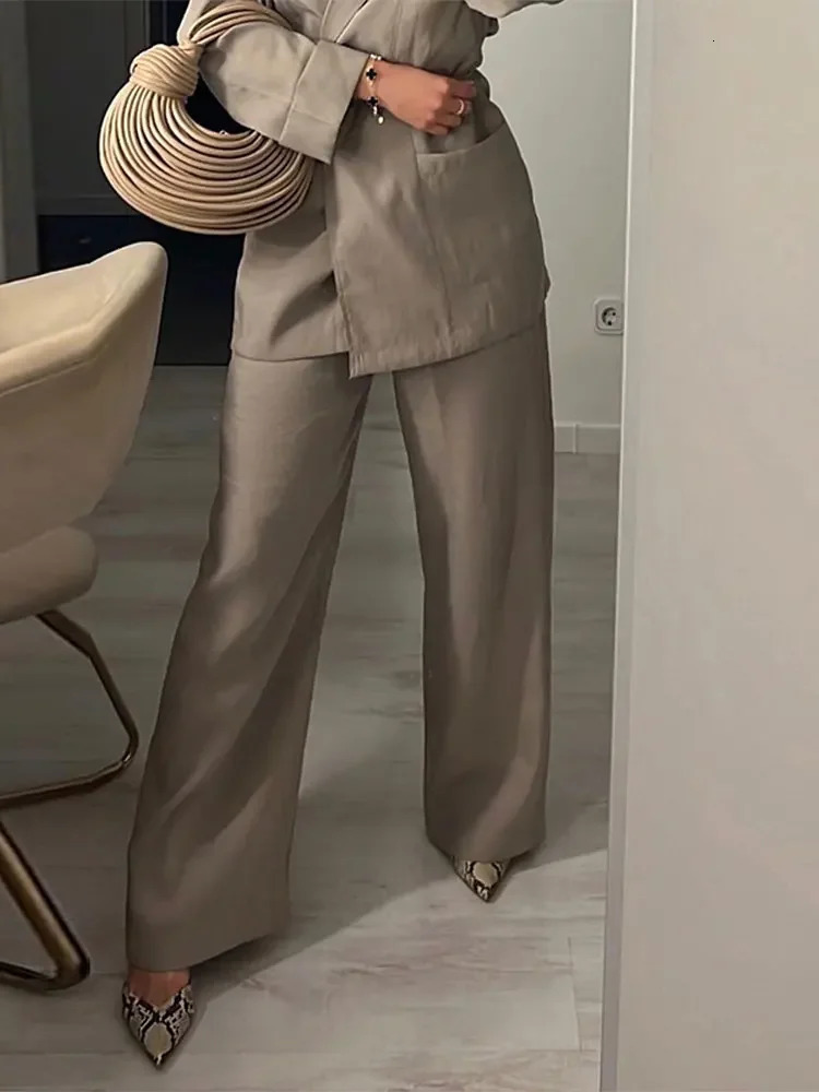 Casual Women Solid loose Blazer Set elegant Lady Lapel Lace Up Long Sleeve Wide Leg Pants Suit Office Commuting Outfit 240423