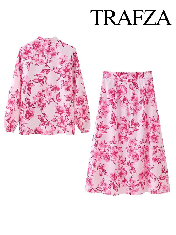 TRAFZA Women 2 Piece Set Floral Print Long Sleeves SingleBreasted Shirts Casual TopsFashion High Waist Zipper Slim Skirt 240423
