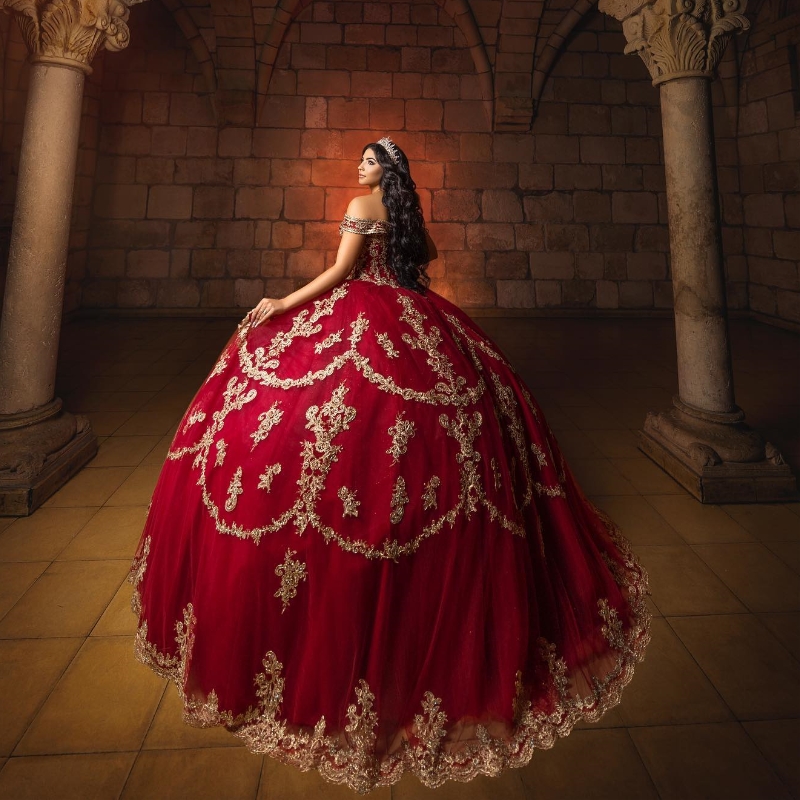 Red Shiny Quinceanera Dresses Off the shoulder Appliques Lace Beads Tull Sweet 15 Birthday Party Dress vestidos 15 de