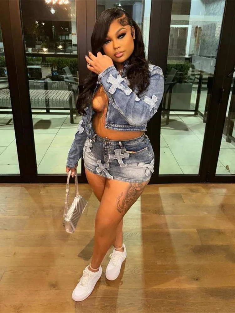 Weird Puss Vintage Women 2piece Set Half High Collar Zip JacketHigh Waist Mini Skirt Hipster Streetwear Denim Embroidery Suits 240423
