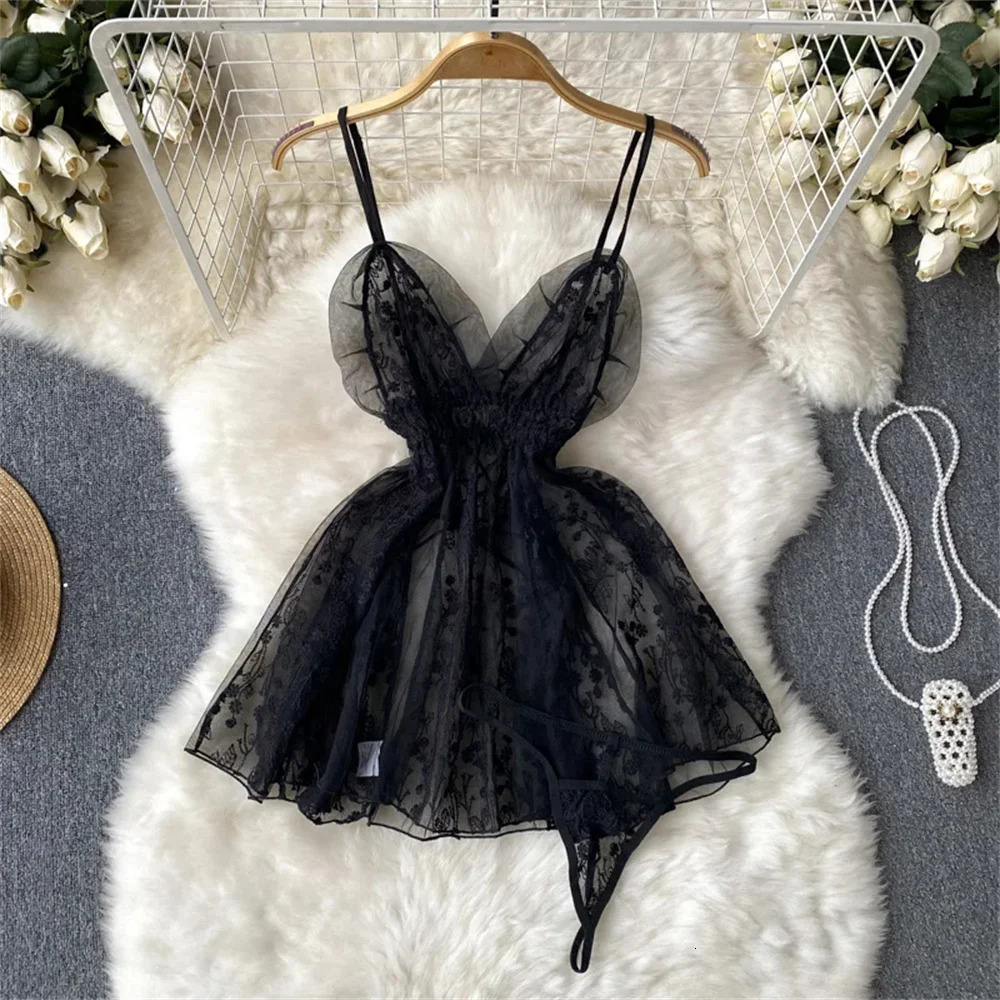 Women Sexy Hollow Skirts Suits Lace Patchwork Turndown Collar Tops Mini Skirt Underpants 3 Pieces Erotic Pajamas Sets Cosplay 240423