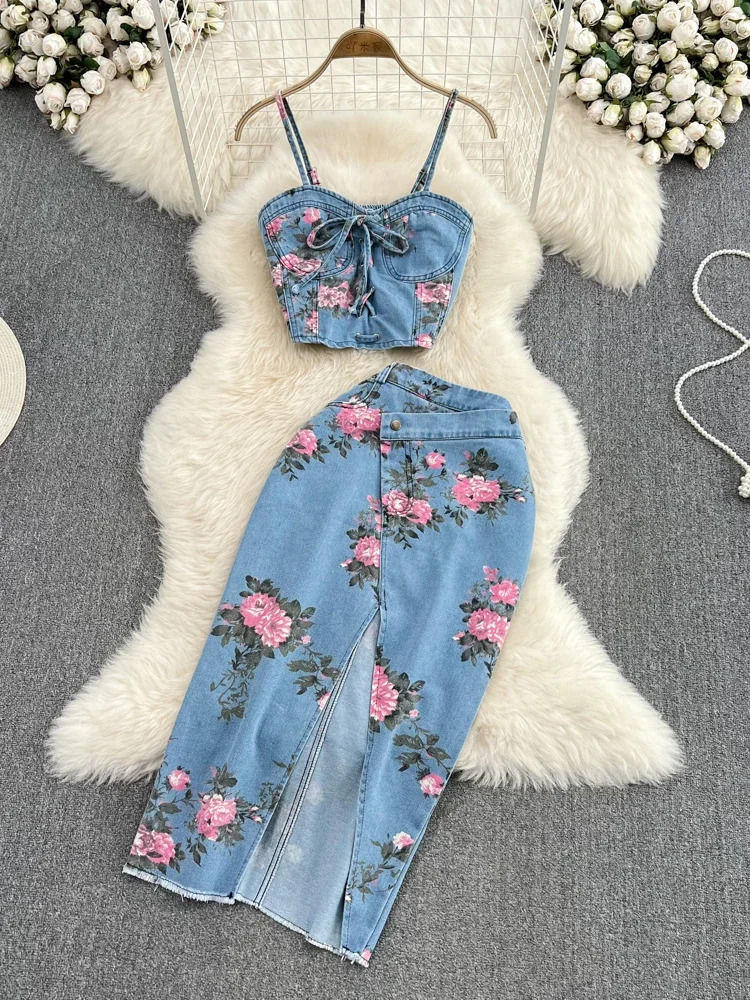 Women 2 Piece Set Denim Fashion Female Girl Chic Sexy Sling Top High Waist Irregular Split Skirt Summer Lady Suit 240423