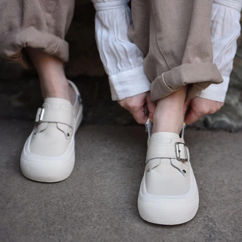 Casual Shoes Artmu Genuine Leather White For Women Thick Heel Big Head Buckle Vulcanized Luxury Flats Sneakers Sports