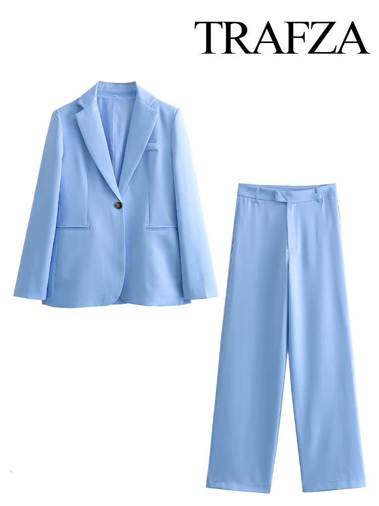 TRAFZA Female Sets Blue TurnDown Collar Long Sleeves Pockets Single ButtonMid Waist Zipper Wide Leg Pants Woman Suit 240423