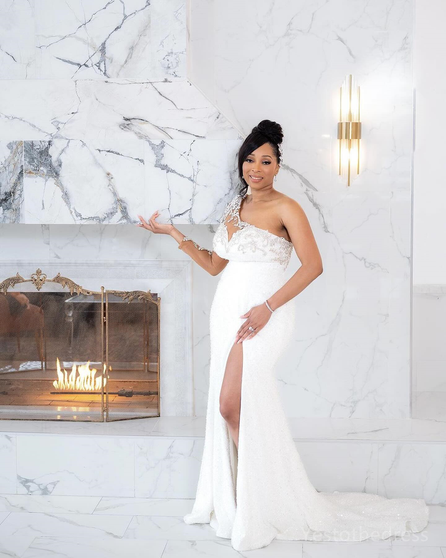 R&W 2024 Mermaid Dress For Bride Bridal With Detachable Train One Shoulder Long Sleeves Beaded Pearls Split Sequined Lace Wedding Gowns for Marriage D