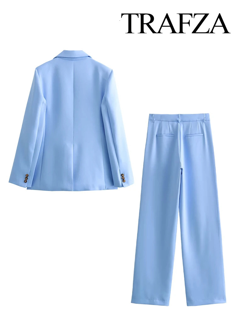 TRAFZA Female Sets Blue TurnDown Collar Long Sleeves Pockets Single ButtonMid Waist Zipper Wide Leg Pants Woman Suit 240423