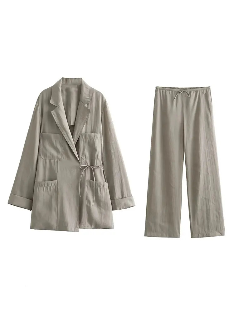 Casual Women Solid loose Blazer Set elegant Lady Lapel Lace Up Long Sleeve Wide Leg Pants Suit Office Commuting Outfit 240423