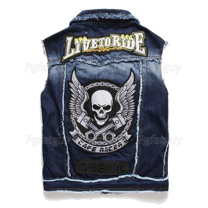 Autumn Mens Denim Two Piece Set Casual Embroidery Skull Vest and Ragged Paint Patch Stretch Jeans 2PCS Sets Conjuntos De Hombres 240428