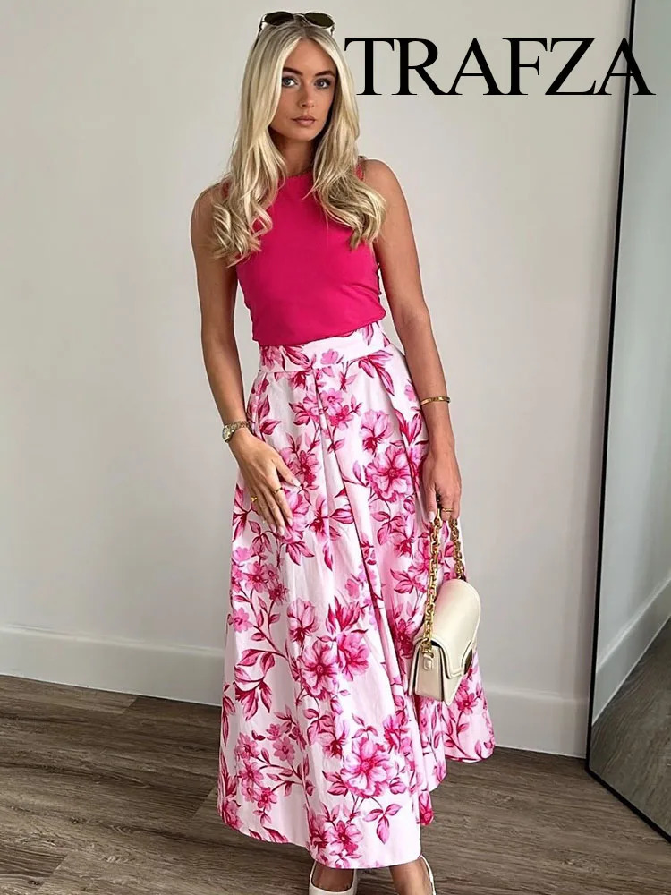 TRAFZA Women 2 Piece Set Floral Print Long Sleeves SingleBreasted Shirts Casual TopsFashion High Waist Zipper Slim Skirt 240423
