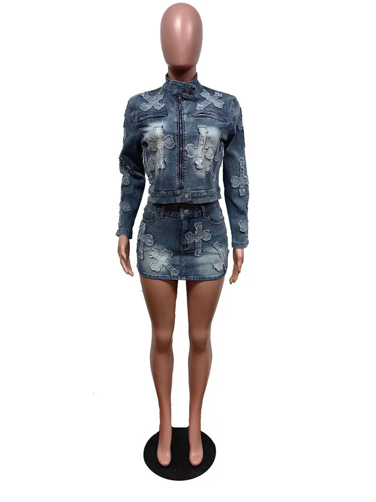 Weird Puss Vintage Women 2piece Set Half High Collar Zip JacketHigh Waist Mini Skirt Hipster Streetwear Denim Embroidery Suits 240423