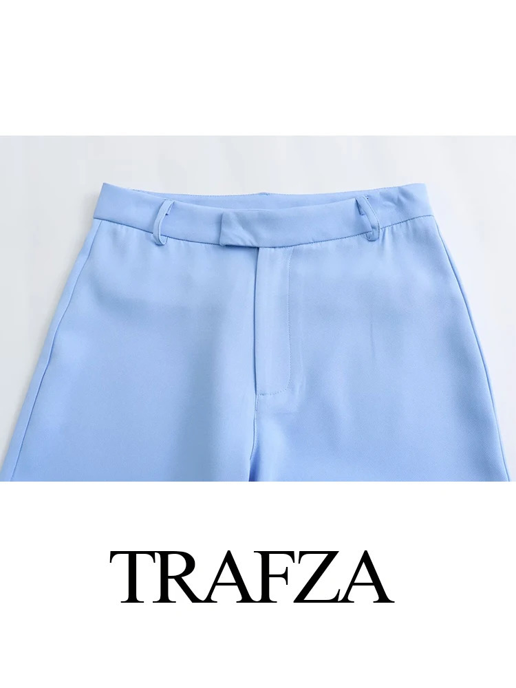 TRAFZA Female Sets Blue TurnDown Collar Long Sleeves Pockets Single ButtonMid Waist Zipper Wide Leg Pants Woman Suit 240423