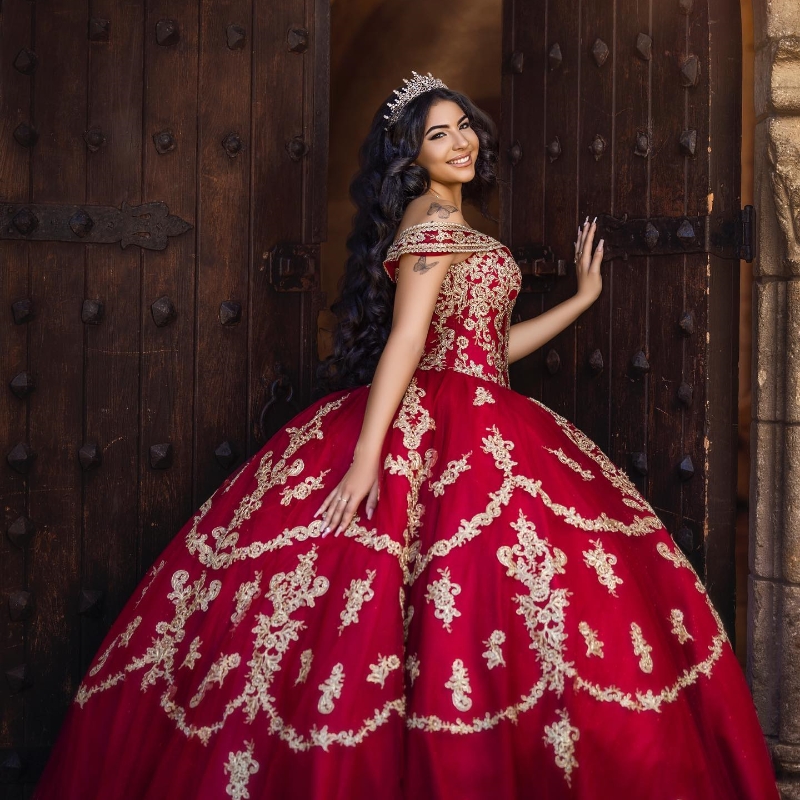 Red Shiny Quinceanera Dresses Off the shoulder Appliques Lace Beads Tull Sweet 15 Birthday Party Dress vestidos 15 de