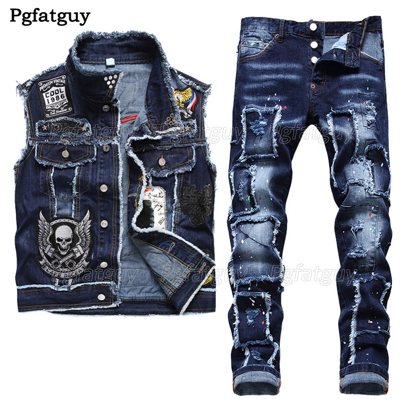 Autumn Mens Denim Two Piece Set Casual Embroidery Skull Vest and Ragged Paint Patch Stretch Jeans 2PCS Sets Conjuntos De Hombres 240428