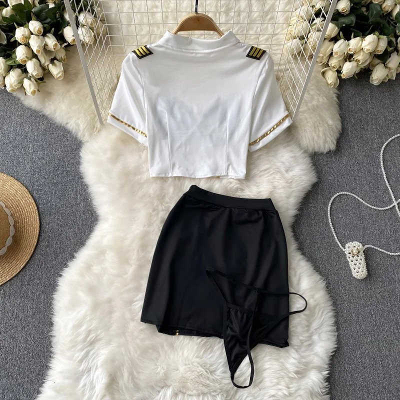 Women Sexy Hollow Skirts Suits Lace Patchwork Turndown Collar Tops Mini Skirt Underpants 3 Pieces Erotic Pajamas Sets Cosplay 240423