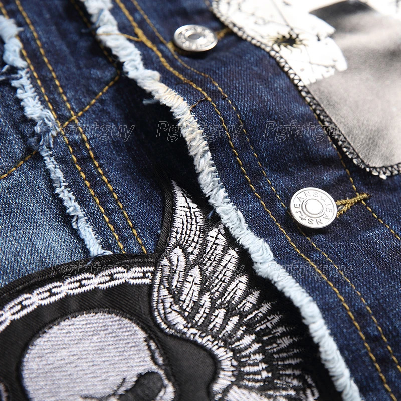 Autumn Mens Denim Two Piece Set Casual Embroidery Skull Vest and Ragged Paint Patch Stretch Jeans 2PCS Sets Conjuntos De Hombres 240428