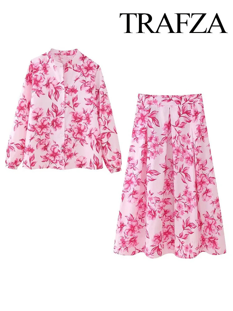 TRAFZA Women 2 Piece Set Floral Print Long Sleeves SingleBreasted Shirts Casual TopsFashion High Waist Zipper Slim Skirt 240423