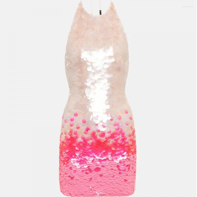 Casual Dresses Club Sexy Open Back Hanging Neck Colored Gradient Pink Sequin Sling Dress Women Slim Mini 2024 Vacation