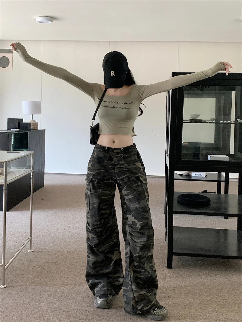 Autumn Winter Low Rise Jeans Y2k Womens American Street Loose Pants Womens Camo Mop Jeans 240426